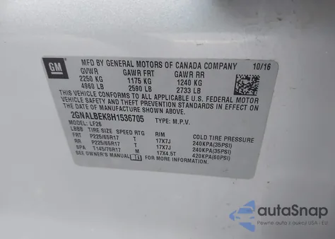 2017 Chevrolet Equinox Ls z USA, uszkodzony, nr VIN 2GNALBEK8H1536705